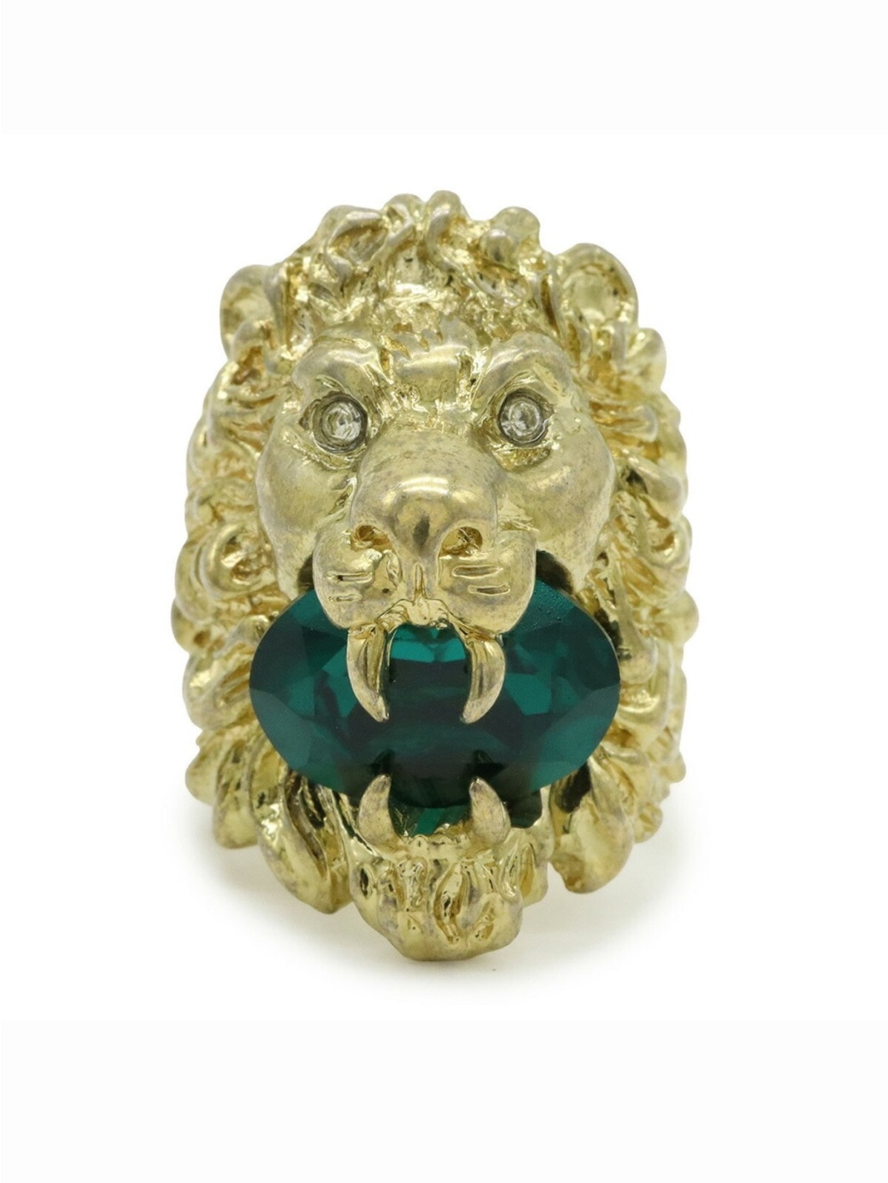Gold Lion Head Ring with Emerald Green Stone